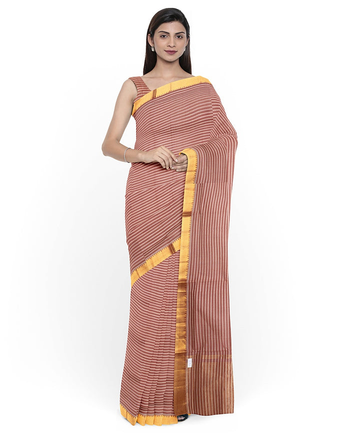 Peach gold zari missing checks mangalagiri cotton handwoven saree