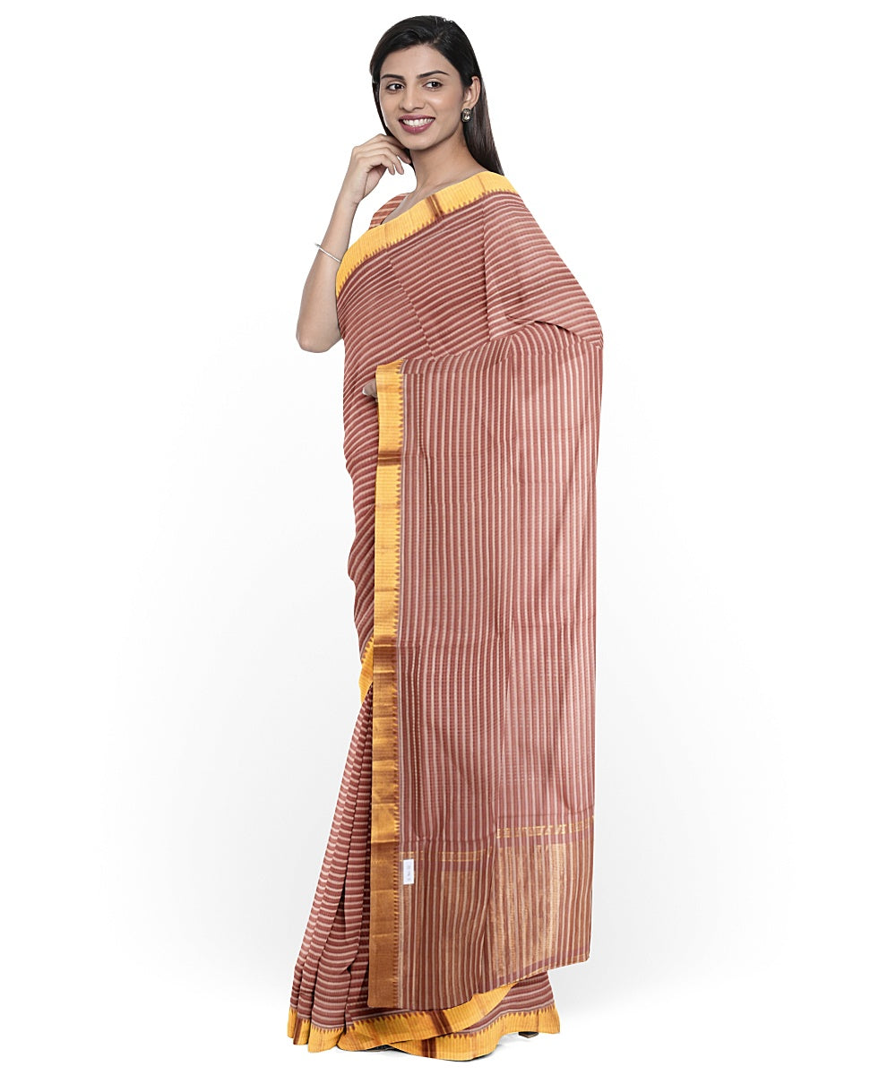 Peach gold zari missing checks mangalagiri cotton handwoven saree