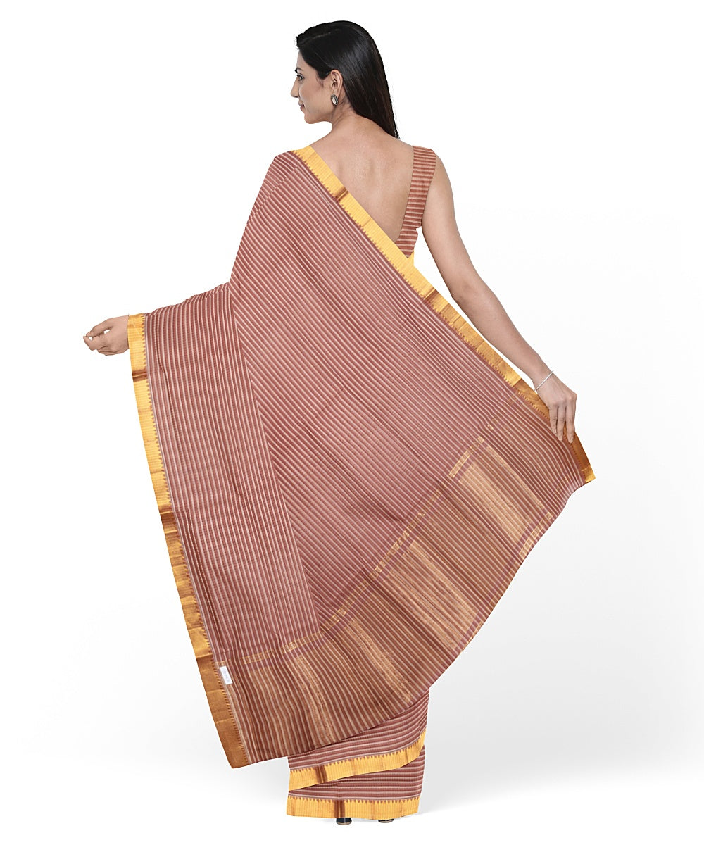 Peach gold zari missing checks mangalagiri cotton handwoven saree