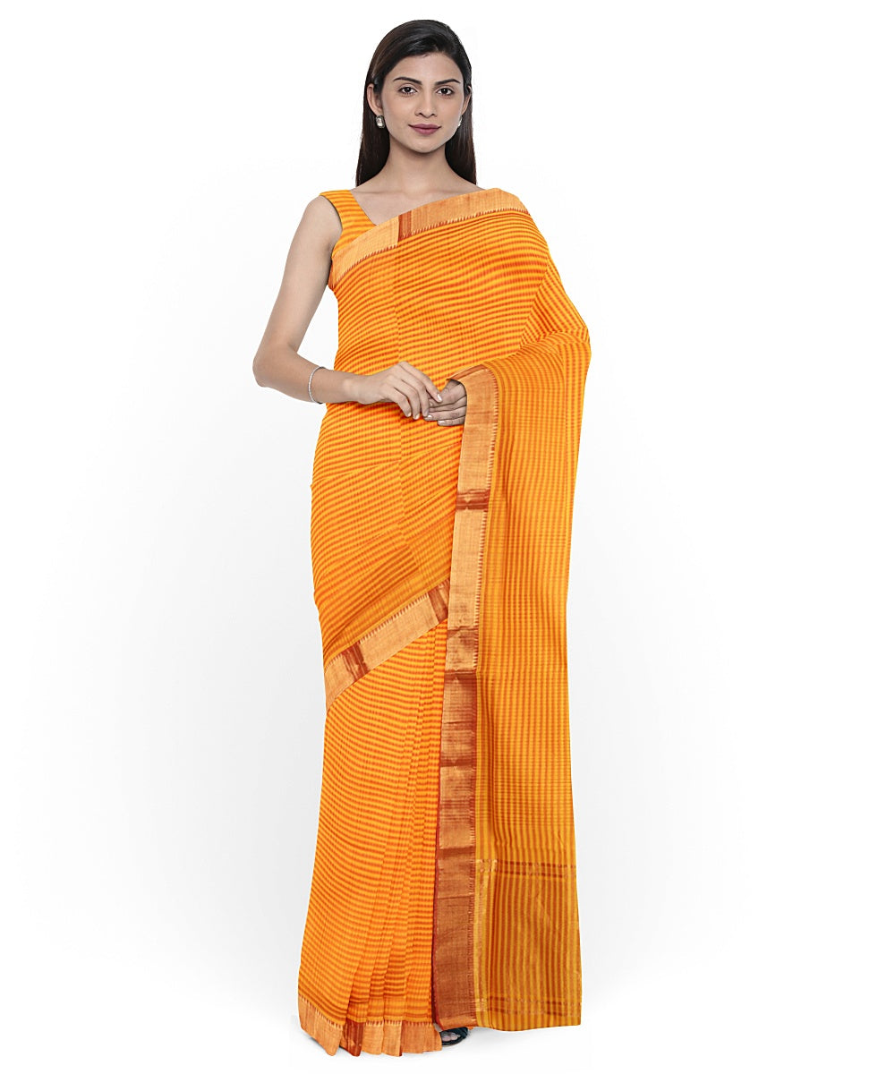 Orange gold zari missing checks handwoven mangalagiri cotton saree