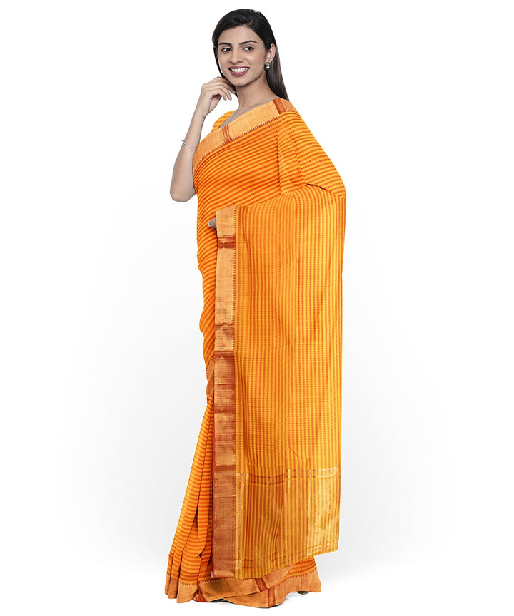 Orange gold zari missing checks handwoven mangalagiri cotton saree