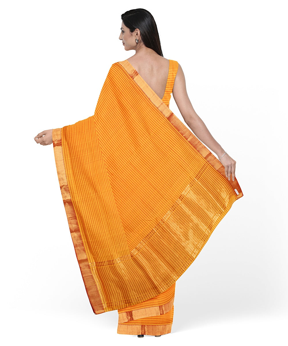 Orange gold zari missing checks handwoven mangalagiri cotton saree