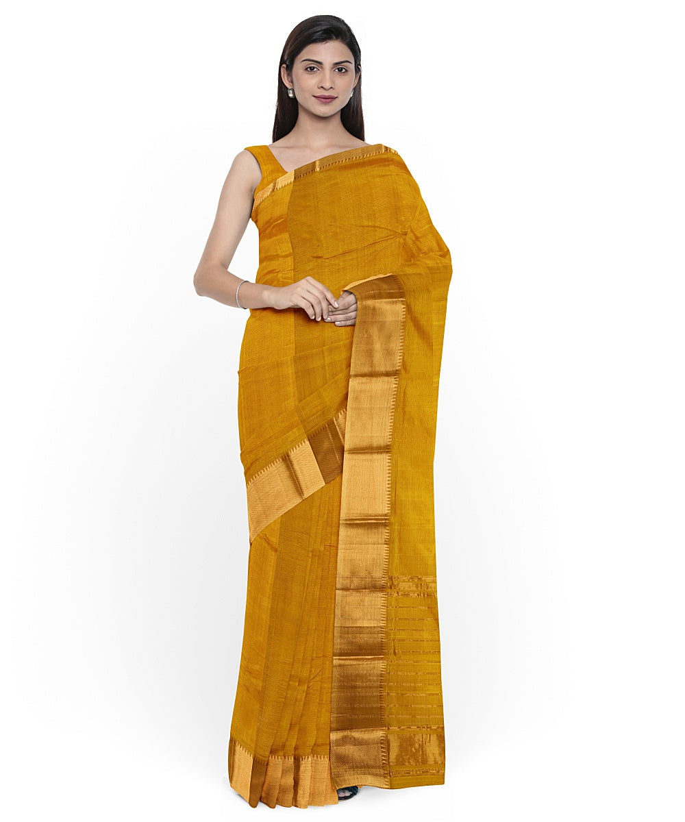 Mustard gold zari border handwoven mangalagiri cotton silk saree