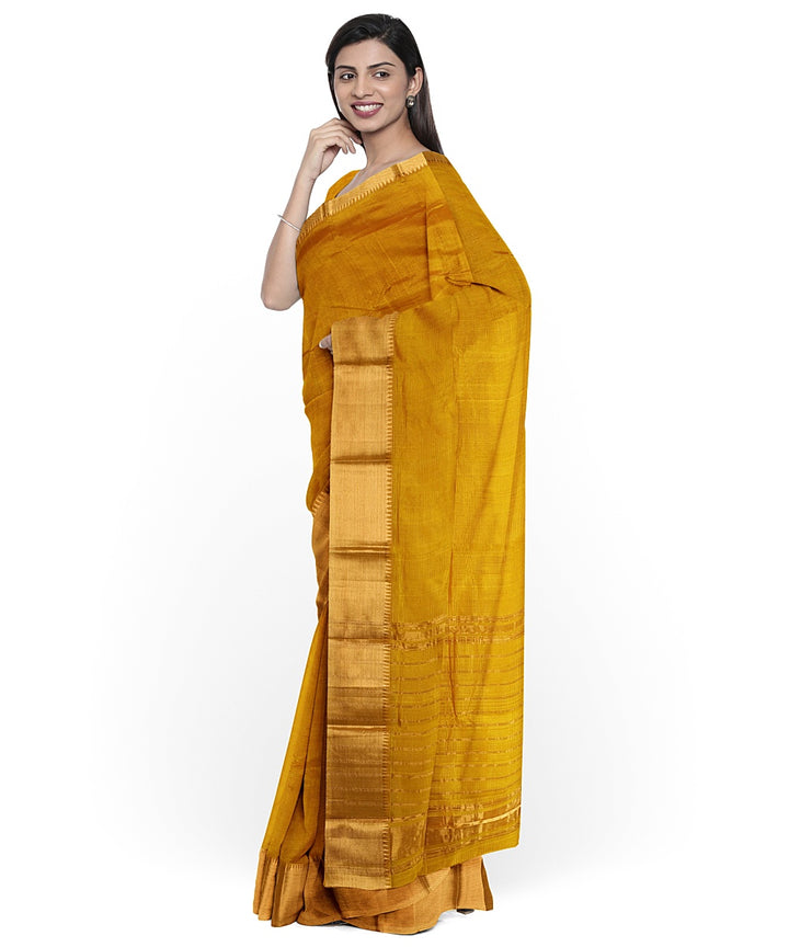 Mustard gold zari border handwoven mangalagiri cotton silk saree