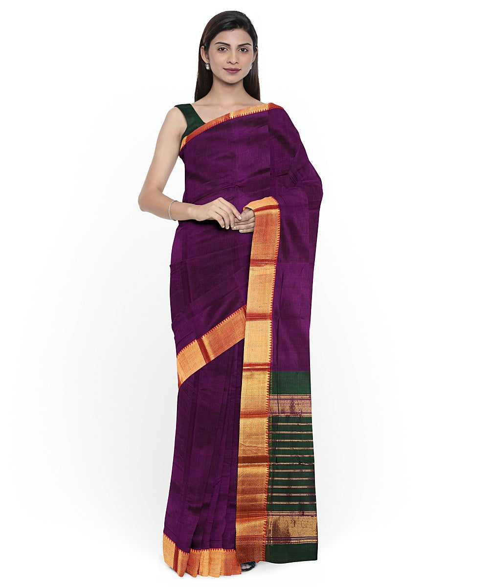 Purple gold zari border handwoven mangalagiri cotton silk saree