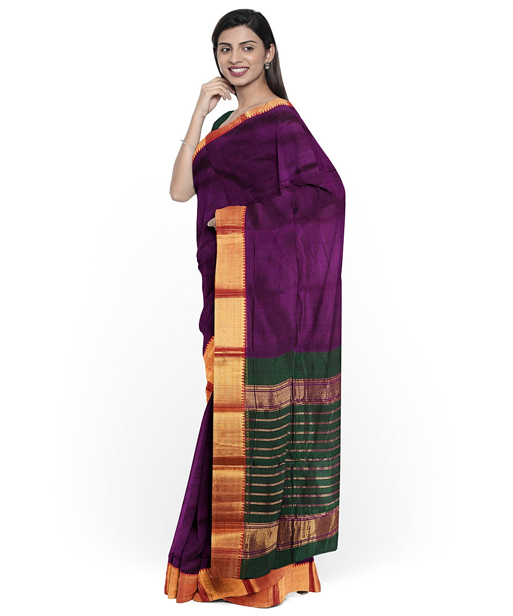 Purple gold zari border handwoven mangalagiri cotton silk saree