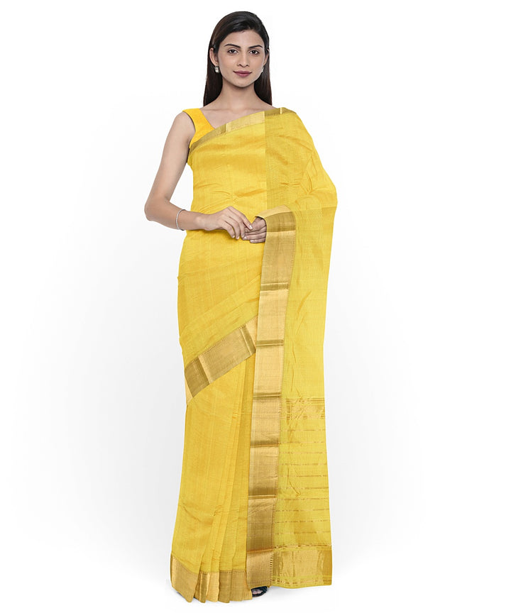 Yellow gold zari border handwoven mangalagiri cotton silk saree