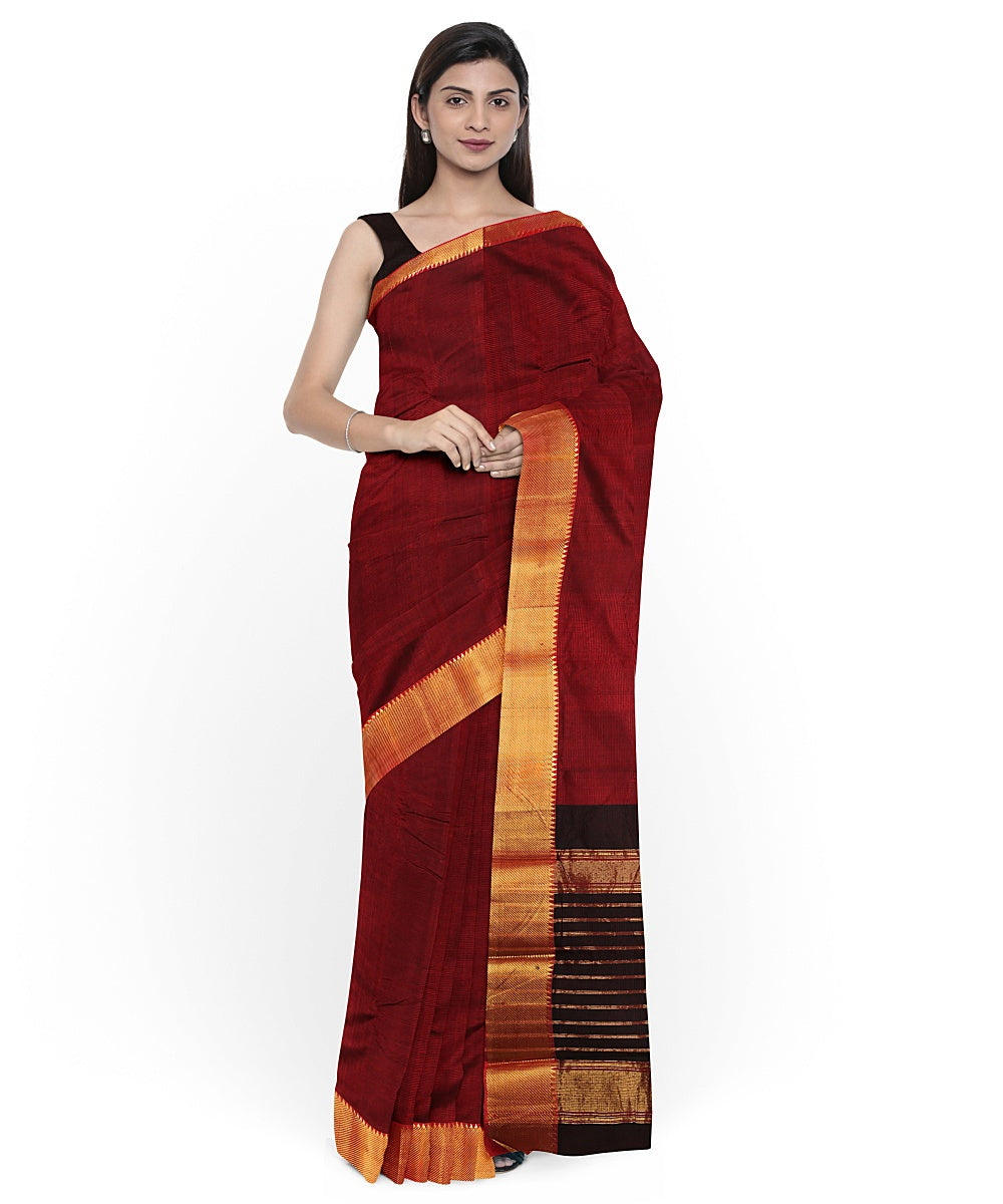 Maroon gold zari border handwoven mangalagiri cotton silk saree