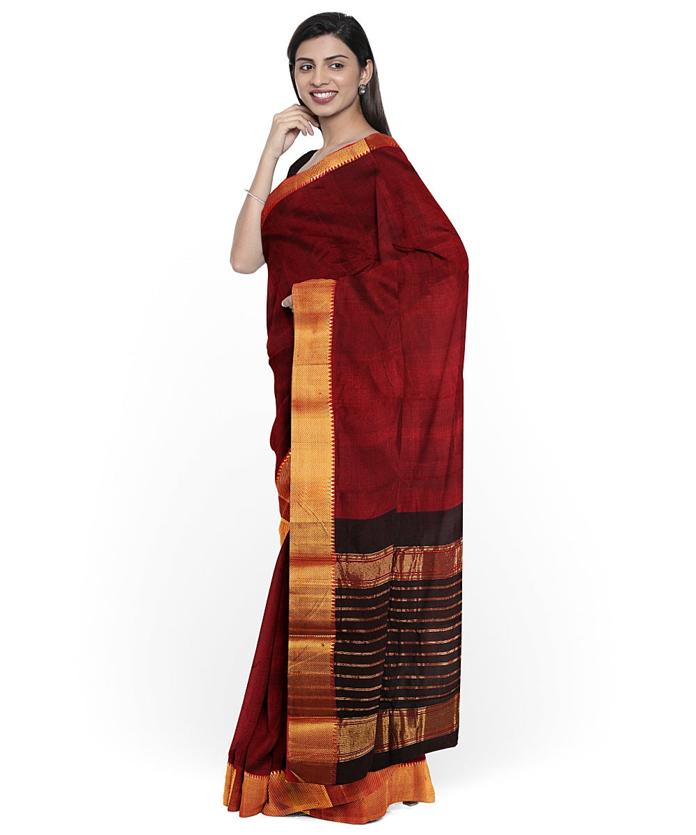 Maroon gold zari border handwoven mangalagiri cotton silk saree