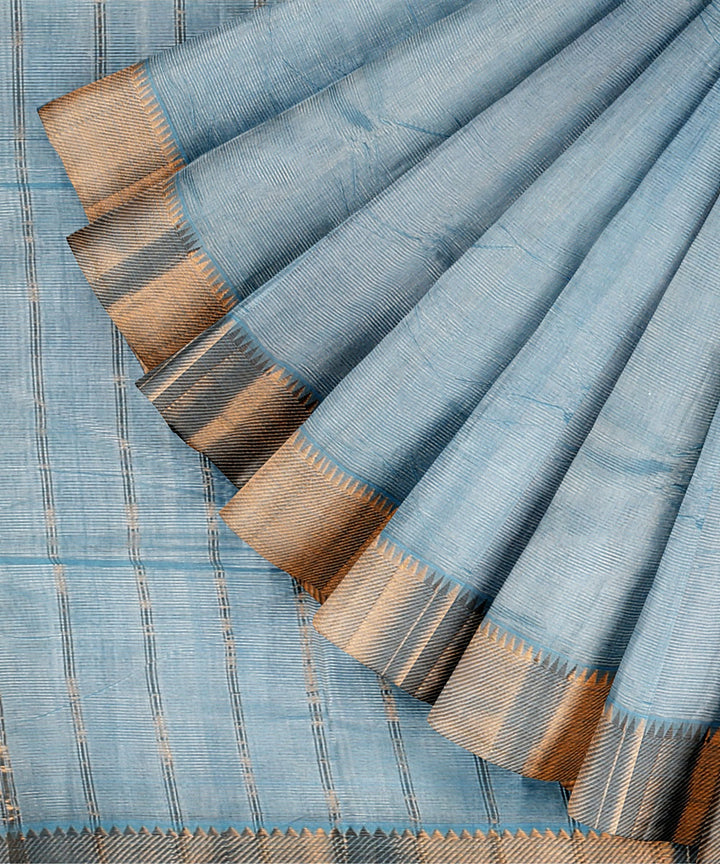 Sky blue gold zari border handwoven mangalagiri cotton silk saree