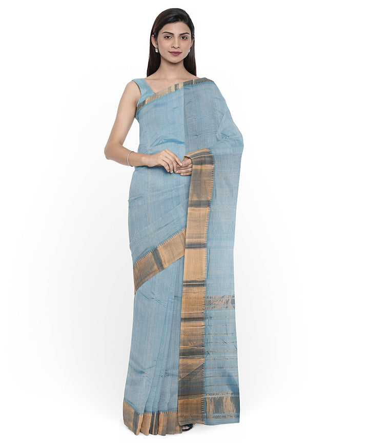 Sky blue gold zari border handwoven mangalagiri cotton silk saree