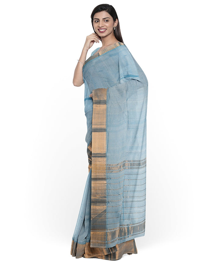 Sky blue gold zari border handwoven mangalagiri cotton silk saree
