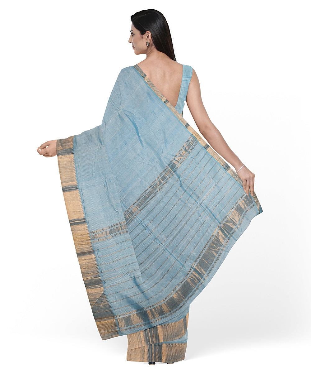 Sky blue gold zari border handwoven mangalagiri cotton silk saree