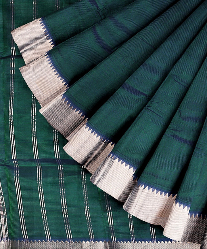 Dark green silver zari border handwoven mangalagiri cotton silk saree