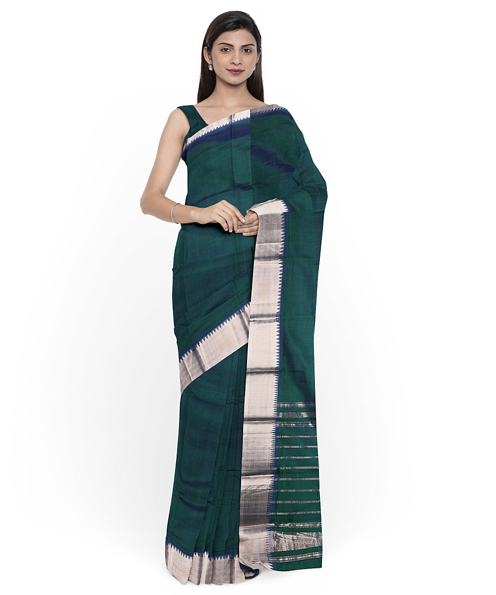 Dark green silver zari border handwoven mangalagiri cotton silk saree