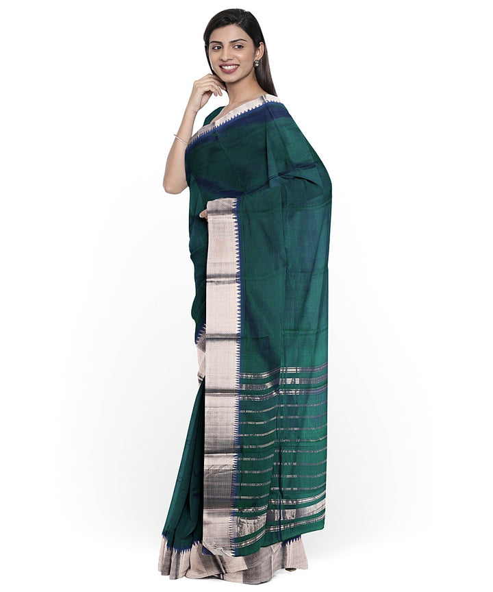 Dark green silver zari border handwoven mangalagiri cotton silk saree