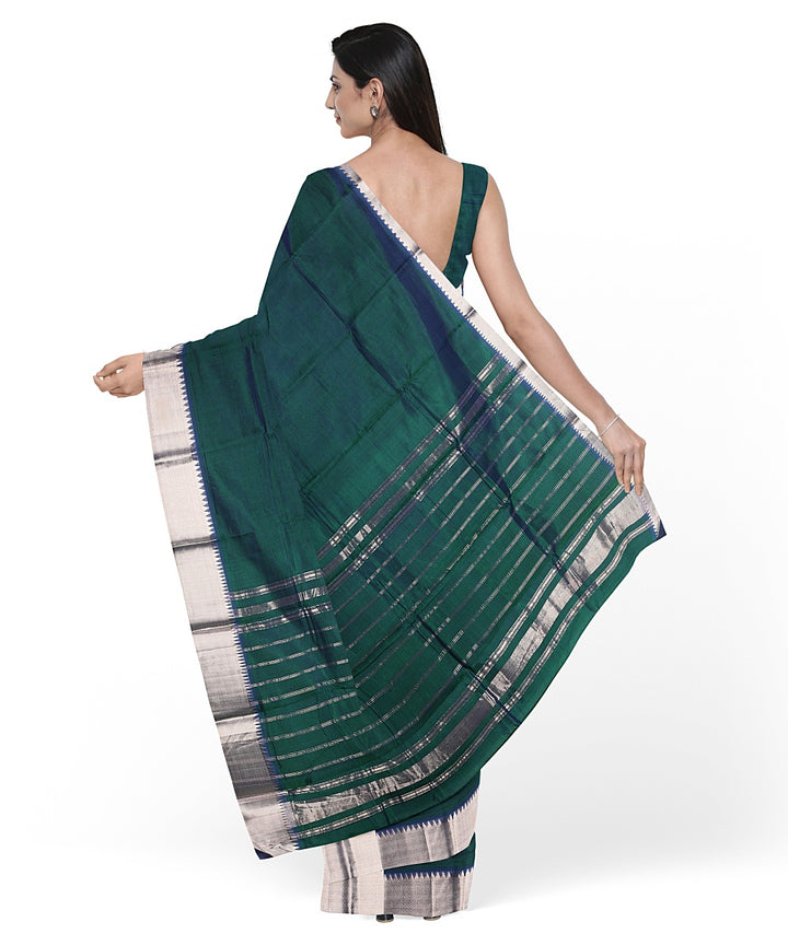 Dark green silver zari border handwoven mangalagiri cotton silk saree