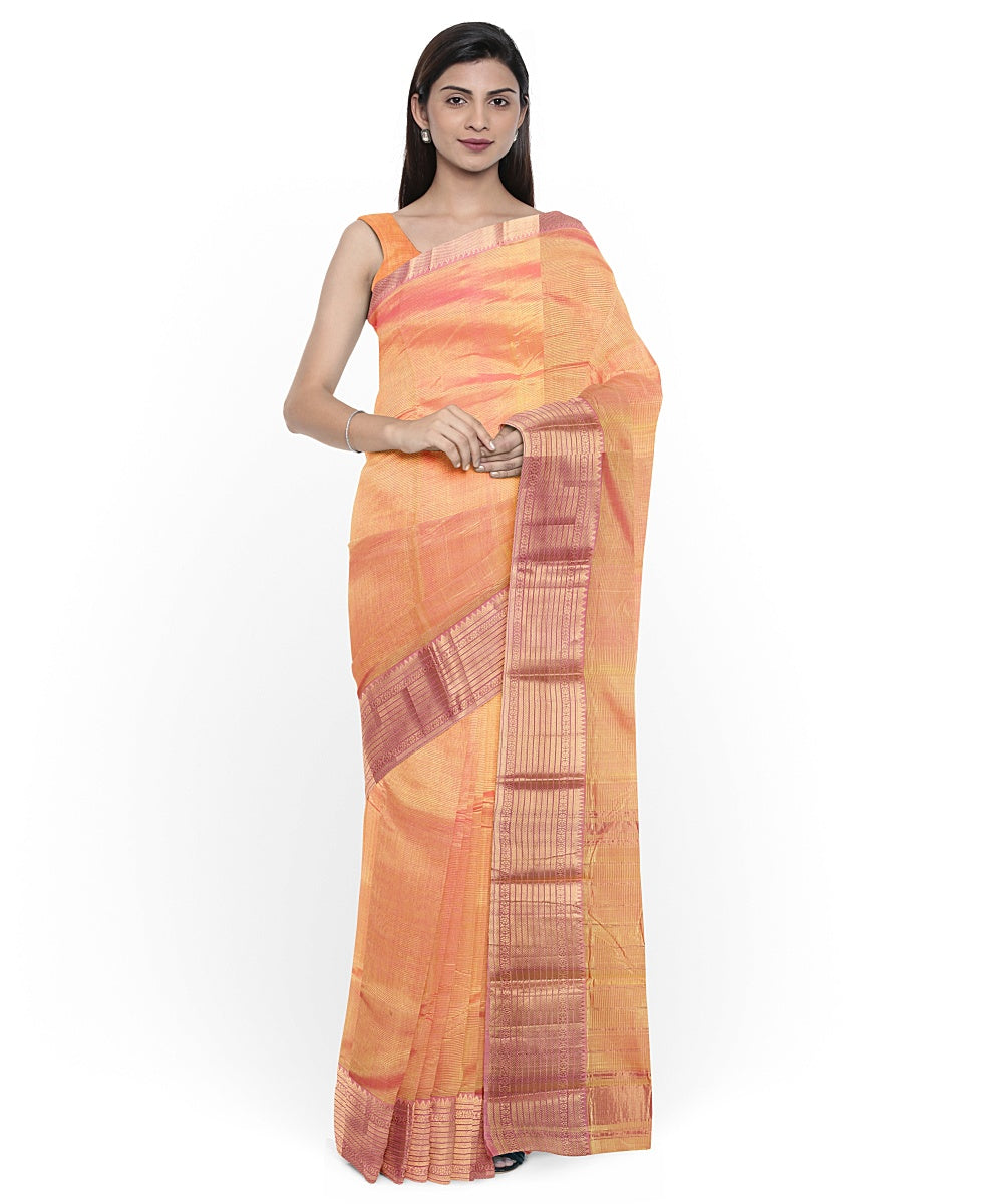 Orange gold zari big border handloom mangalagiri cotton silk saree