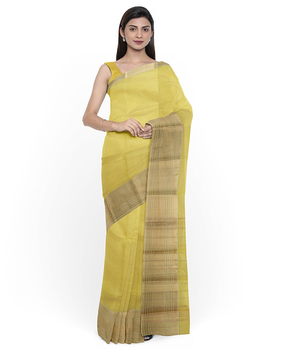Yellow gold zari big border handwoven mangalagiri cotton silk saree