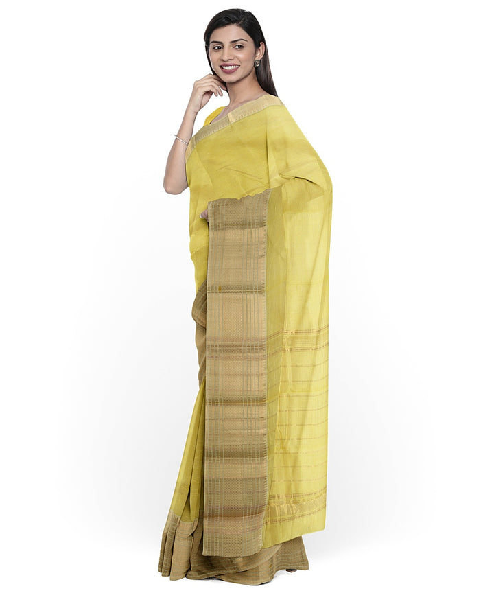 Yellow gold zari big border handwoven mangalagiri cotton silk saree