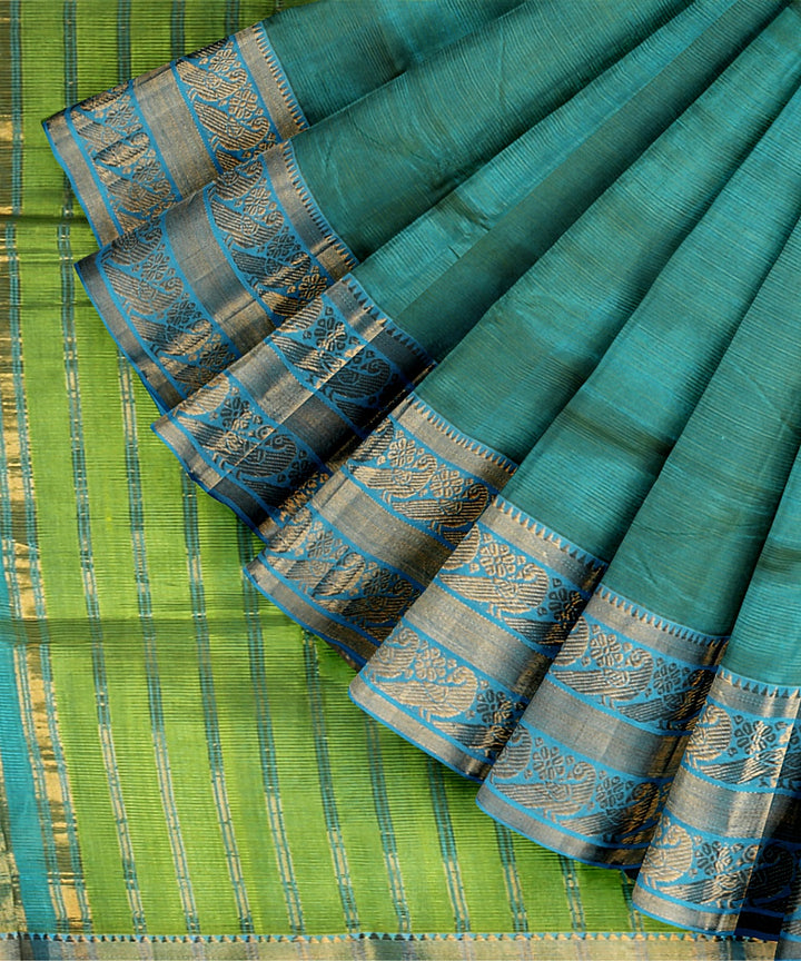 Cyan green gold zari big border handwoven mangalagiri cotton silk saree