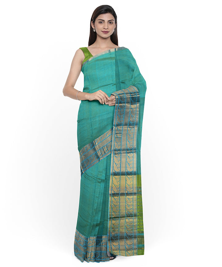 Cyan green gold zari big border handwoven mangalagiri cotton silk saree