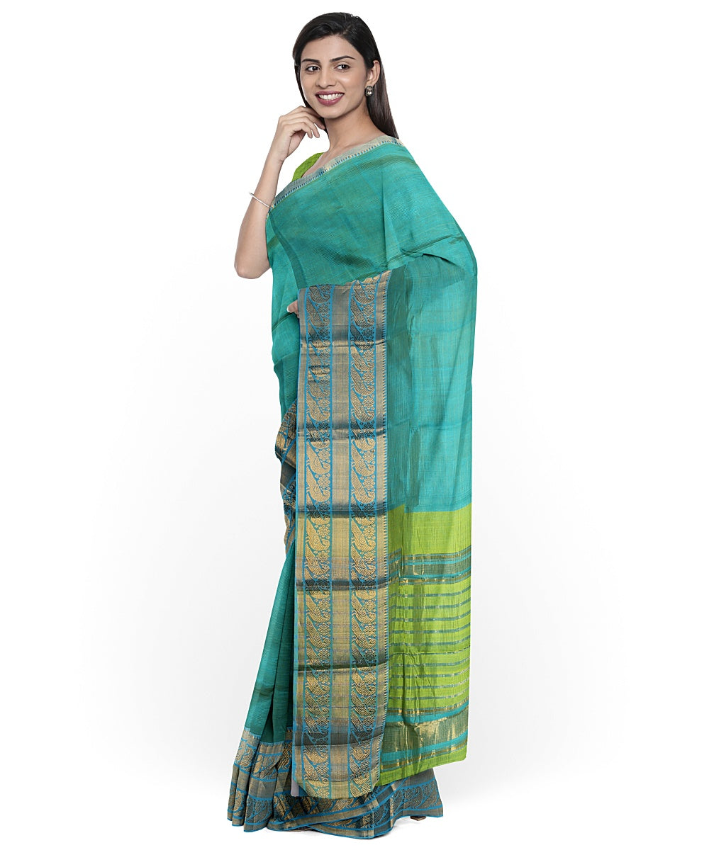 Cyan green gold zari big border handwoven mangalagiri cotton silk saree