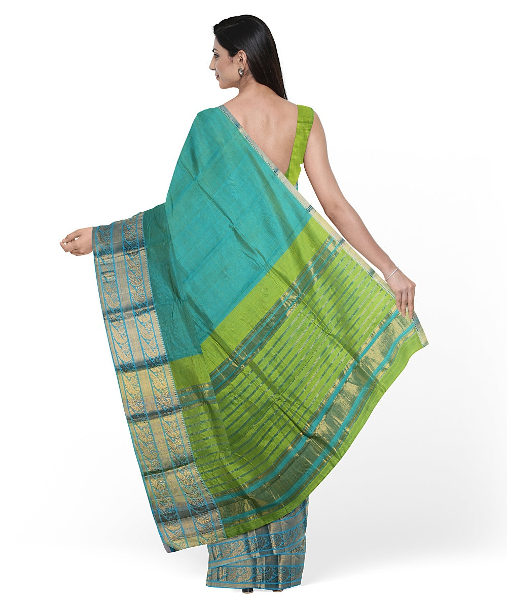 Cyan green gold zari big border handwoven mangalagiri cotton silk saree