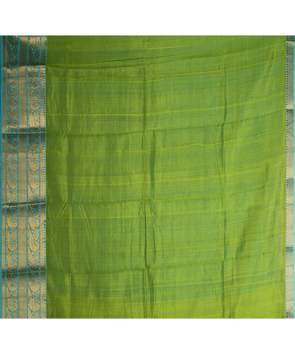 Cyan green gold zari big border handwoven mangalagiri cotton silk saree