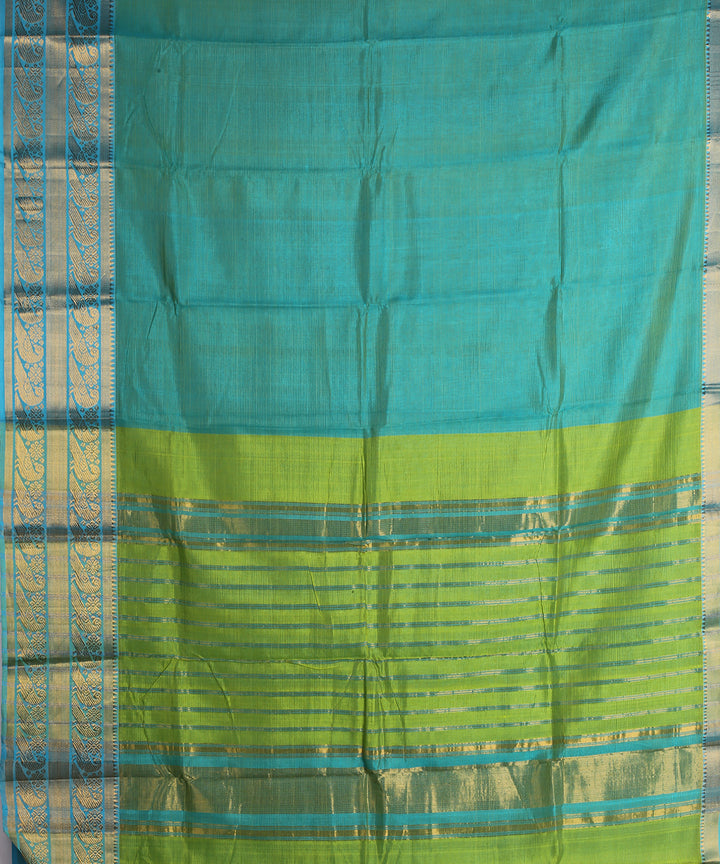 Cyan green gold zari big border handwoven mangalagiri cotton silk saree