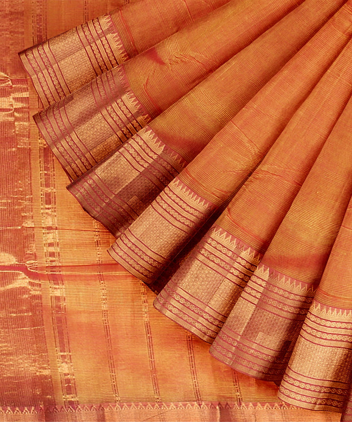 Orange gold zari big border handwoven mangalagiri cotton silk saree