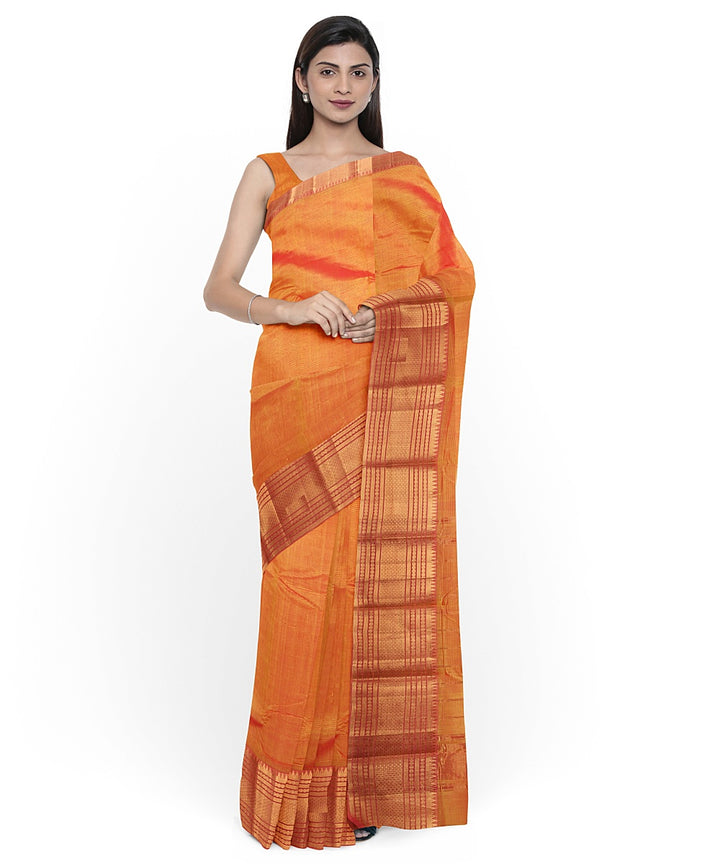 Orange gold zari big border handwoven mangalagiri cotton silk saree