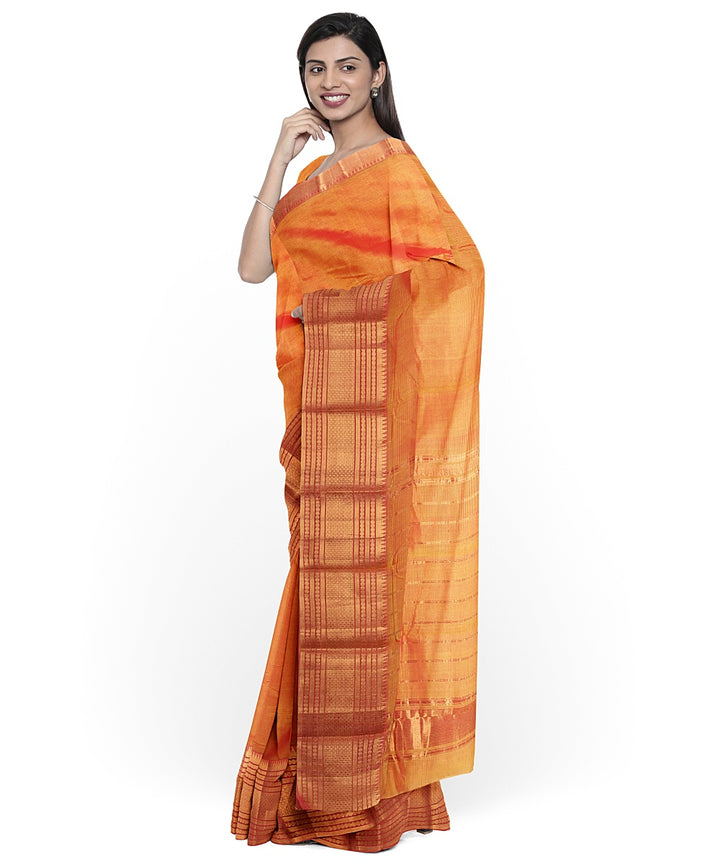 Orange gold zari big border handwoven mangalagiri cotton silk saree