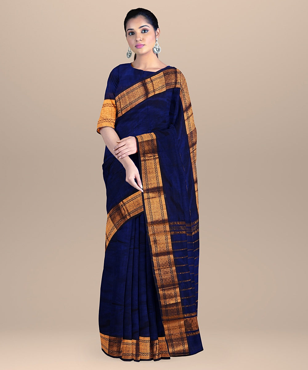 Navy blue handwoven cotton silk mangalagiri saree