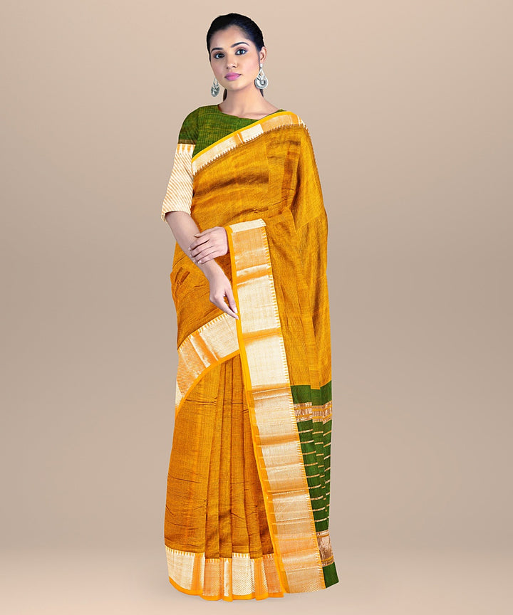 Yellow green handwoven mangalagiri cotton silk saree