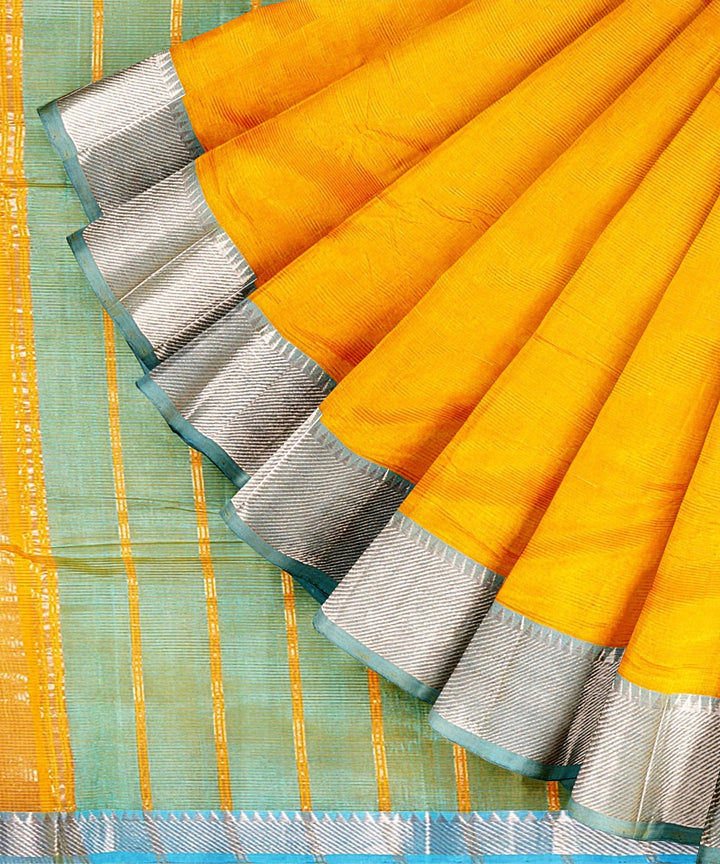 Yellow sky blue handwoven mangalagiri cotton silk saree