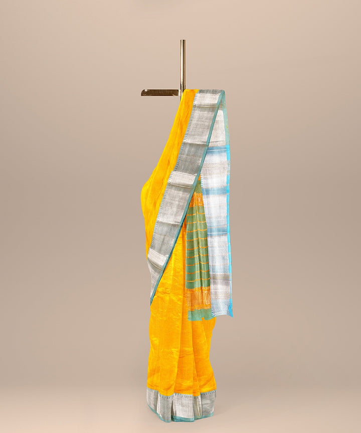 Yellow sky blue handwoven mangalagiri cotton silk saree