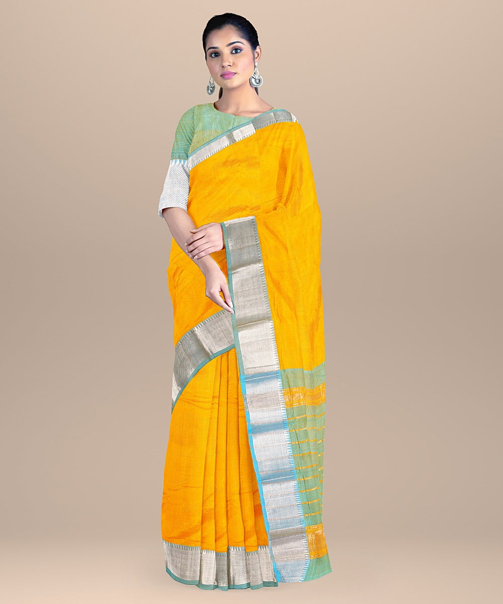 Yellow sky blue handwoven mangalagiri cotton silk saree