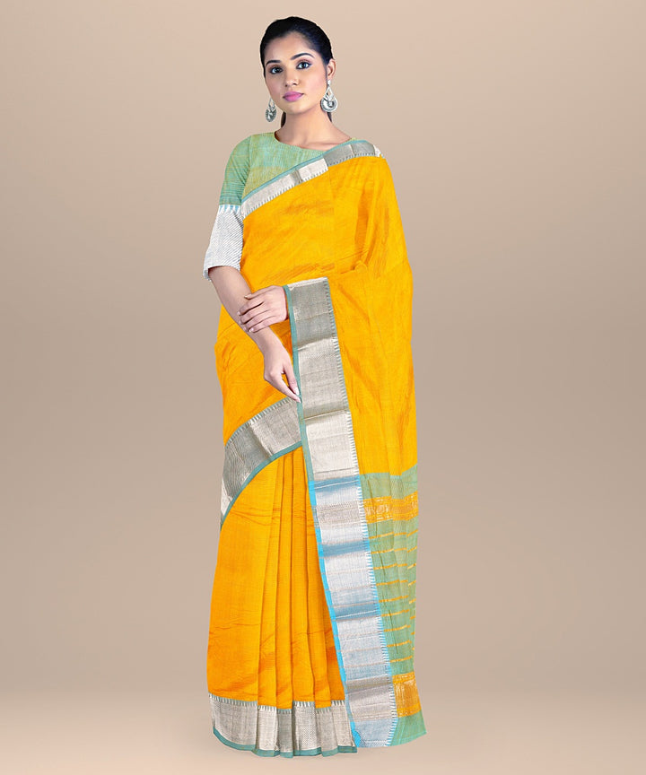 Yellow sky blue handwoven mangalagiri cotton silk saree