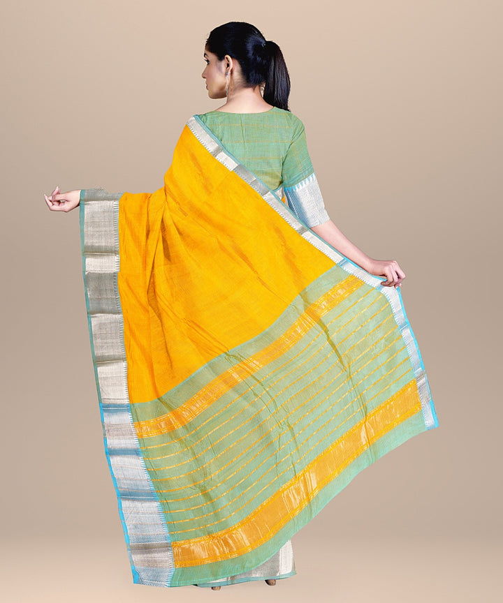 Yellow sky blue handwoven mangalagiri cotton silk saree