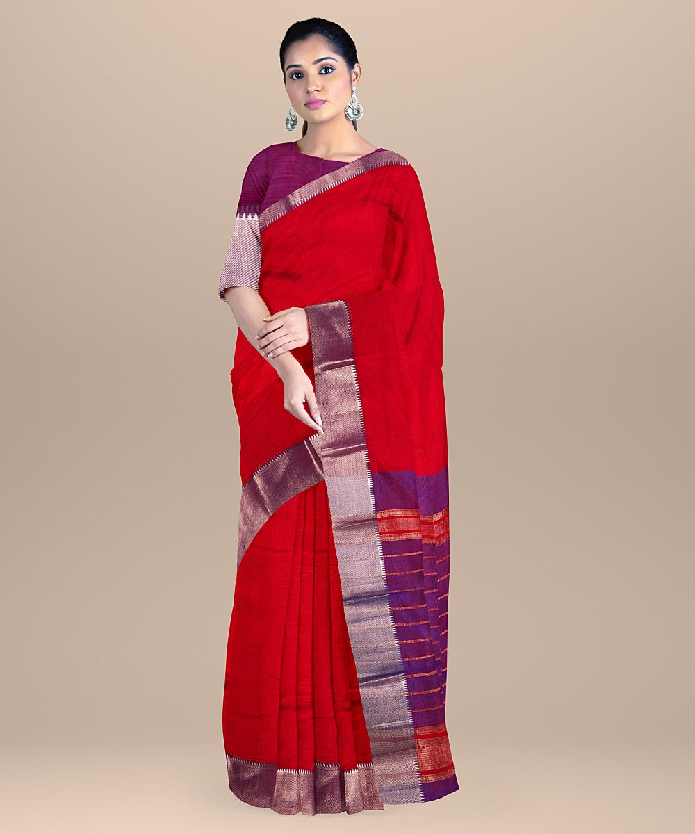 Red blue handwoven mangalagiri cotton silk saree