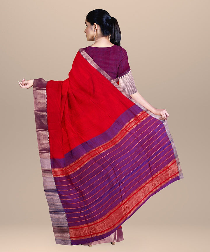 Red blue handwoven mangalagiri cotton silk saree