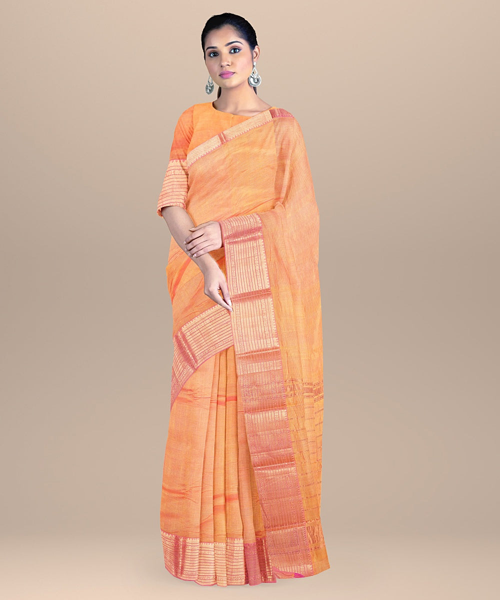 Orange mangalagiri handwoven cotton silk saree