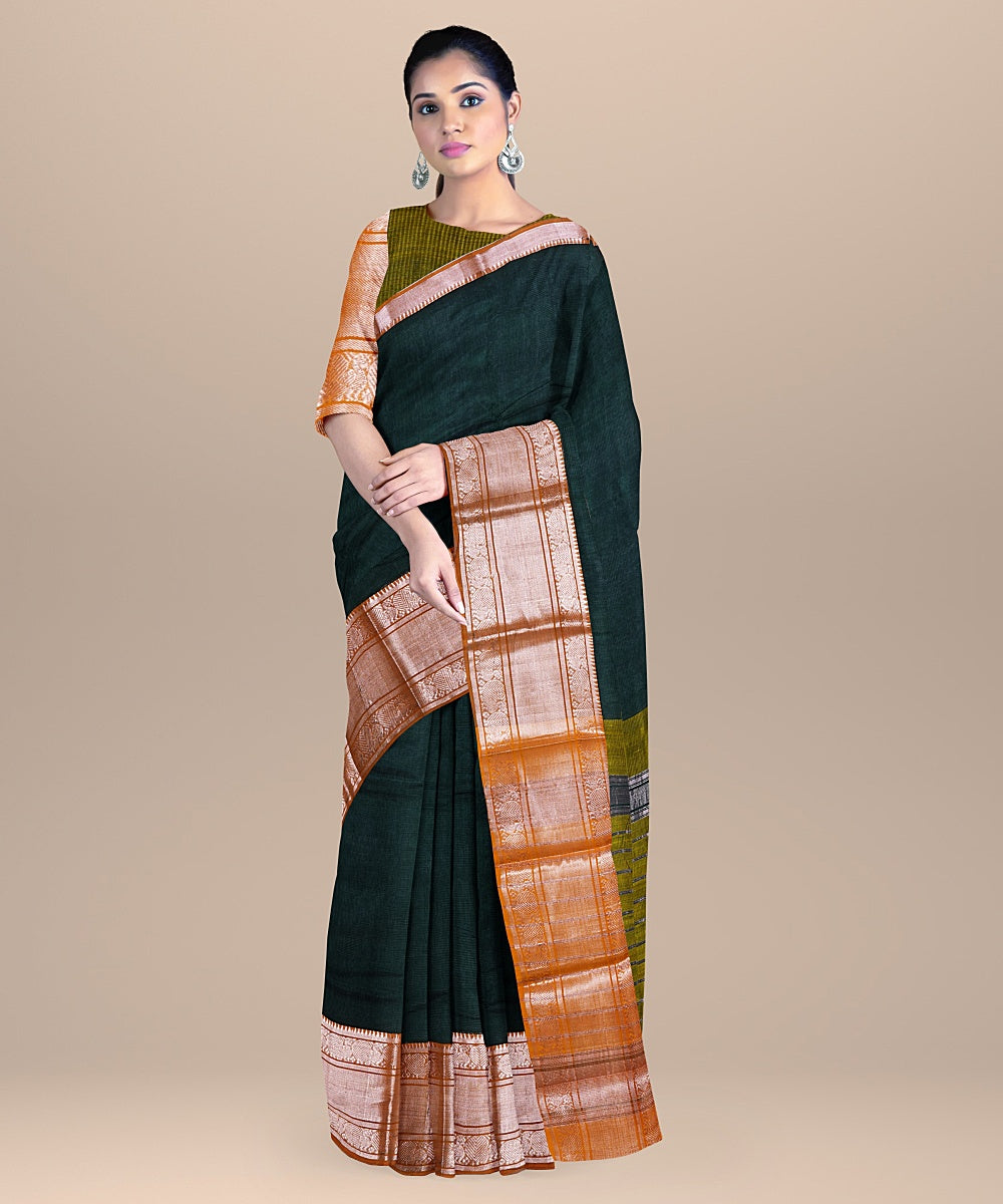 Dark green olive handwoven mangalagiri cotton silk saree