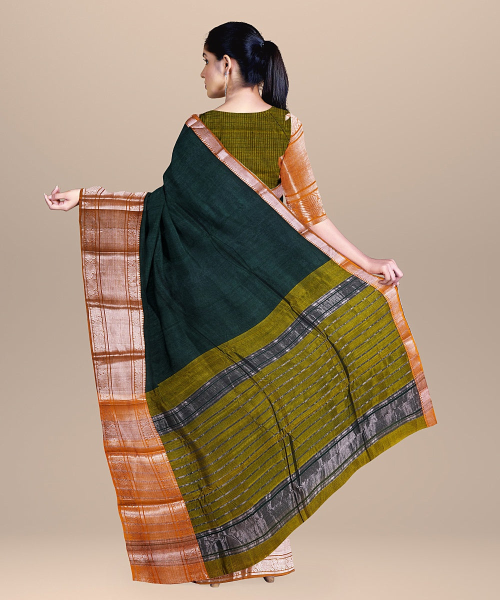 Dark green olive handwoven mangalagiri cotton silk saree