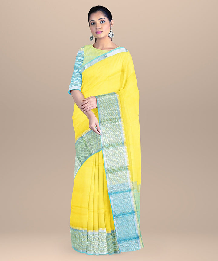 Yellow handwoven mangalagiri cotton silk saree