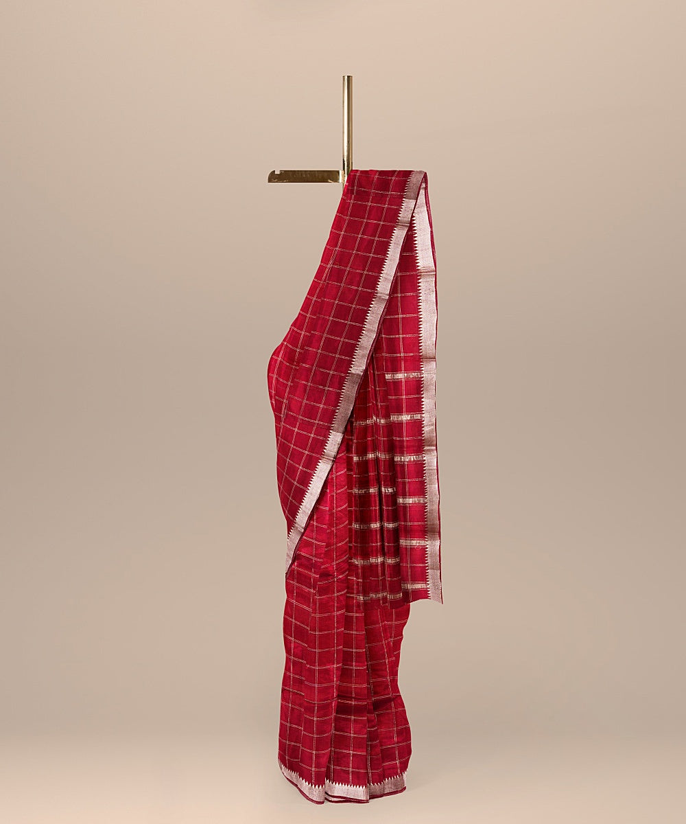 Maroon checked handwoven mangalagiri cotton silk saree