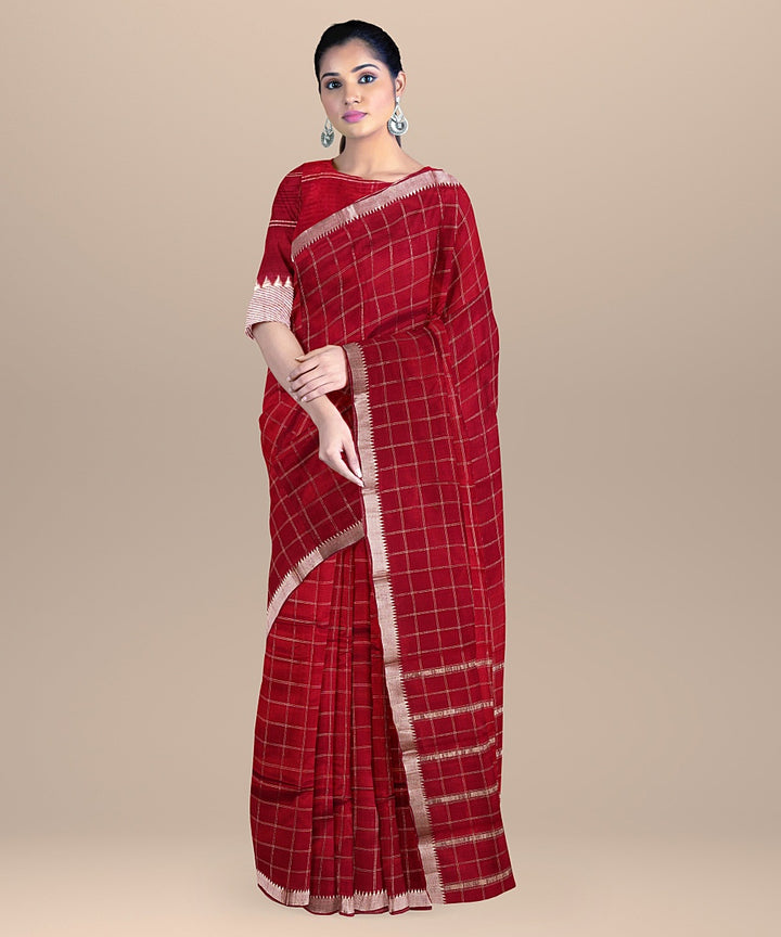 Maroon checked handwoven mangalagiri cotton silk saree