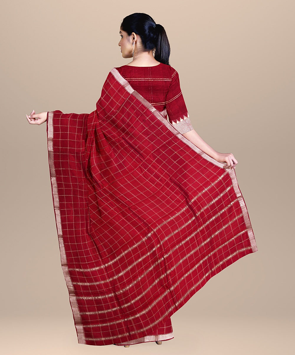 Maroon checked handwoven mangalagiri cotton silk saree