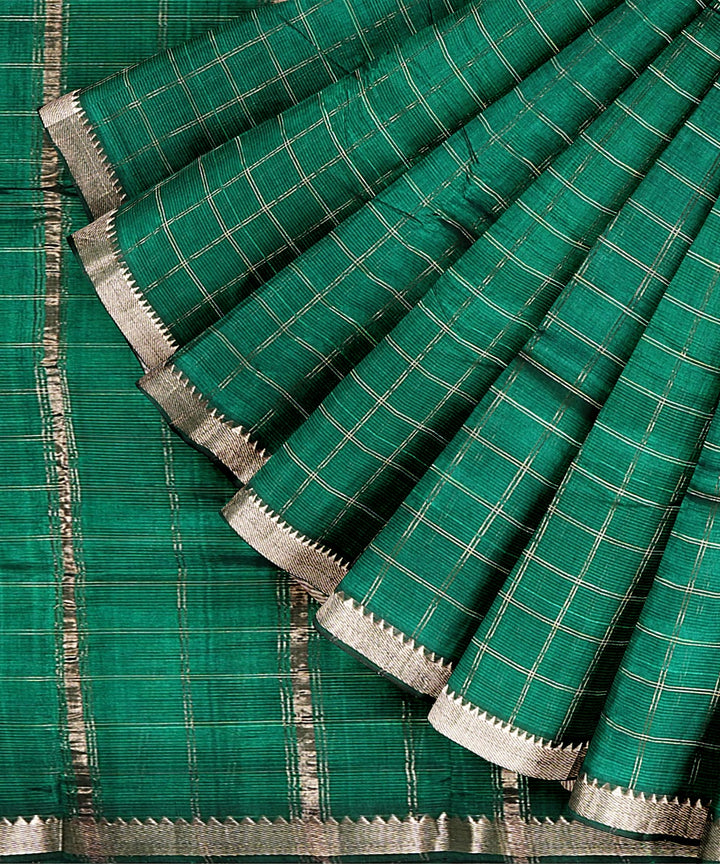 Dark green checked handwoven mangalagiri cotton silk saree